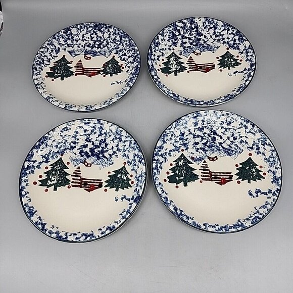 Set of 4 Salad Dessert Plates Tienshan Folk Craft Cabin In The Snow 7.5 In - Picture 1 of 4